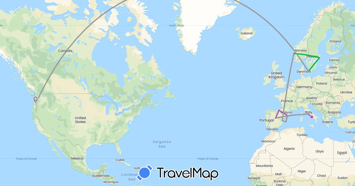 TravelMap itinerary: driving, bus, plane, train in Denmark, Spain, Italy, Norway, Sweden, United States, Vatican City (Europe, North America)